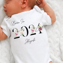 Load image into Gallery viewer, Personalised Born in 2024 Baby Vest, Peony Floral Baby Sleepsuit, Personalised Baby Romper, New Baby Gift, Baby Girl Boy, Baby Announcement