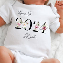 Load image into Gallery viewer, Personalised Born in 2024 Baby Vest, Peony Floral Baby Sleepsuit, Personalised Baby Romper, New Baby Gift, Baby Girl Boy, Baby Announcement