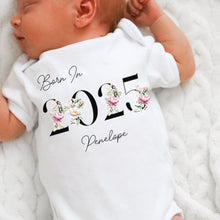 Load image into Gallery viewer, Personalised Born in 2025 Baby Vest, Floral Baby Sleepsuit, Personalised Flower Baby Vest, New Baby Gift, Baby Girl, Baby Announcement Vest