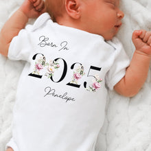 Load image into Gallery viewer, Personalised Born in 2025 Baby Vest, Floral Baby Sleepsuit, Personalised Flower Baby Vest, New Baby Gift, Baby Girl, Baby Announcement Vest