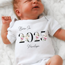 Load image into Gallery viewer, Personalised Born in 2025 Baby Vest, Floral Baby Sleepsuit, Personalised Flower Baby Vest, New Baby Gift, Baby Girl, Baby Announcement Vest