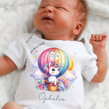 Load image into Gallery viewer, Personalised Born in 2024 Baby Vest, Rainbow Unicorn Baby Sleepsuit, Personalised Baby Outfit, New Baby Gift, Baby Arrival Announcement Vest