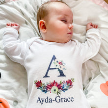 Load image into Gallery viewer, Personalised Navy Floral Initial babygrow / Sleepsuit