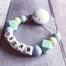 Load image into Gallery viewer, Personalised Silicone Dummy Clip - Blue/Green Speckled - Hopes, Dreams & Jellybeans