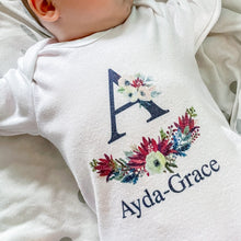 Load image into Gallery viewer, Personalised Navy Floral Initial babygrow / Sleepsuit
