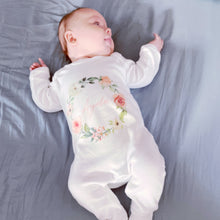 Load image into Gallery viewer, Personalised Summer Rose Wreath babygrow / Sleepsuit