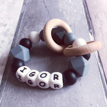Load image into Gallery viewer, Personalised Silicone Teething Ring - Black/Grey - Hopes, Dreams & Jellybeans