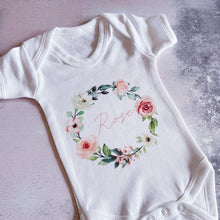 Load image into Gallery viewer, Personalised Summer Rose Wreath babygrow / Sleepsuit