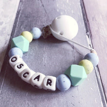 Load image into Gallery viewer, Personalised Silicone Dummy Clip - Blue/Green Speckled - Hopes, Dreams & Jellybeans