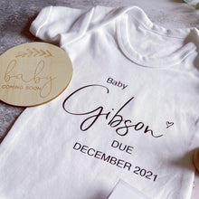 Load image into Gallery viewer, Personalised Baby Grow, Baby Vest Surname, New Baby Reveal, Pregnancy Announcement Outfit, Baby Coming Soon, Personalised Baby Gift, Newborn