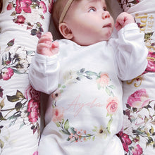 Load image into Gallery viewer, Personalised Summer Rose Wreath babygrow / Sleepsuit