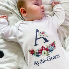 Load image into Gallery viewer, Personalised Navy Floral Initial babygrow / Sleepsuit