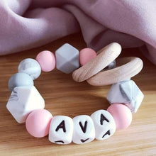 Load image into Gallery viewer, Personalised Pink Marble Grey Silicone Teething Ring