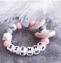 Load image into Gallery viewer, Personalised Pink Marble Grey Silicone Teething Ring