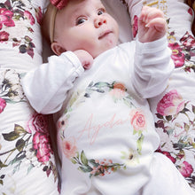 Load image into Gallery viewer, Personalised Summer Rose Wreath babygrow / Sleepsuit