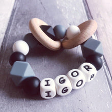 Load image into Gallery viewer, Personalised Silicone Teething Ring - Black/Grey - Hopes, Dreams & Jellybeans