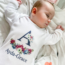 Load image into Gallery viewer, Personalised Navy Floral Initial babygrow / Sleepsuit