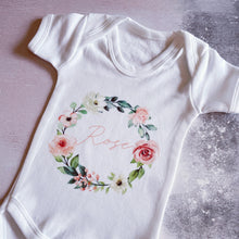 Load image into Gallery viewer, Personalised Summer Rose Wreath babygrow / Sleepsuit