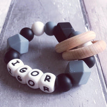 Load image into Gallery viewer, Personalised Silicone Teething Ring - Black/Grey - Hopes, Dreams & Jellybeans