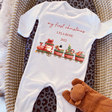 Load image into Gallery viewer, Santa train Personalised babygrow / Sleepsuit