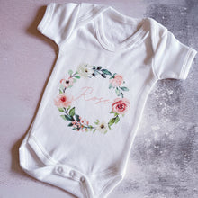Load image into Gallery viewer, Personalised Summer Rose Wreath babygrow / Sleepsuit