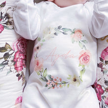 Load image into Gallery viewer, Personalised Summer Rose Wreath babygrow / Sleepsuit
