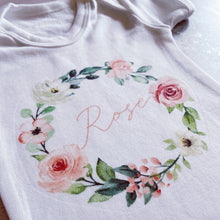 Load image into Gallery viewer, Personalised Summer Rose Wreath babygrow / Sleepsuit