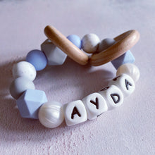 Load image into Gallery viewer, Personalised Silicone Teething Ring - Baby Blue/Pearl