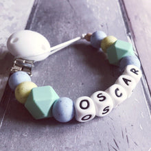 Load image into Gallery viewer, Personalised Silicone Dummy Clip - Blue/Green Speckled - Hopes, Dreams & Jellybeans
