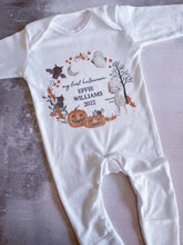 Load image into Gallery viewer, Personalised First Halloween Baby Vest My first Halloween Babygrow Pumpkin Baby's First Halloween Trick or Treat 1st Halloween Personalised Romper