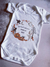 Load image into Gallery viewer, Personalised First Halloween Baby Vest My first Halloween Babygrow Pumpkin Baby's First Halloween Trick or Treat 1st Halloween Personalised Romper