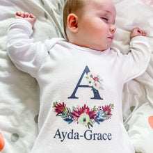 Load image into Gallery viewer, Personalised Navy Floral Initial babygrow / Sleepsuit
