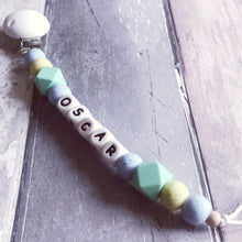 Load image into Gallery viewer, Personalised Silicone Dummy Clip - Blue/Green Speckled - Hopes, Dreams & Jellybeans