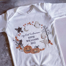 Load image into Gallery viewer, Personalised First Halloween Baby Vest My first Halloween Babygrow Pumpkin Baby's First Halloween Trick or Treat 1st Halloween Personalised Romper