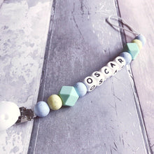 Load image into Gallery viewer, Personalised Silicone Dummy Clip - Blue/Green Speckled - Hopes, Dreams & Jellybeans