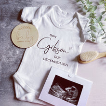 Load image into Gallery viewer, Personalised Baby Grow, Baby Vest Surname, New Baby Reveal, Pregnancy Announcement Outfit, Baby Coming Soon, Personalised Baby Gift, Newborn