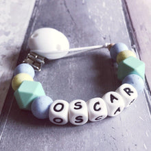 Load image into Gallery viewer, Personalised Silicone Dummy Clip - Blue/Green Speckled - Hopes, Dreams & Jellybeans