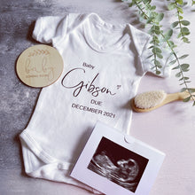 Load image into Gallery viewer, Personalised Baby Grow, Baby Vest Surname, New Baby Reveal, Pregnancy Announcement Outfit, Baby Coming Soon, Personalised Baby Gift, Newborn
