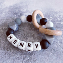 Load image into Gallery viewer, Personalised Silicone Teething Ring - Metallic Silver/Black
