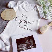 Load image into Gallery viewer, Personalised Baby Grow, Baby Vest Surname, New Baby Reveal, Pregnancy Announcement Outfit, Baby Coming Soon, Personalised Baby Gift, Newborn