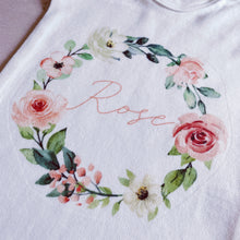 Load image into Gallery viewer, Personalised Summer Rose Wreath babygrow / Sleepsuit