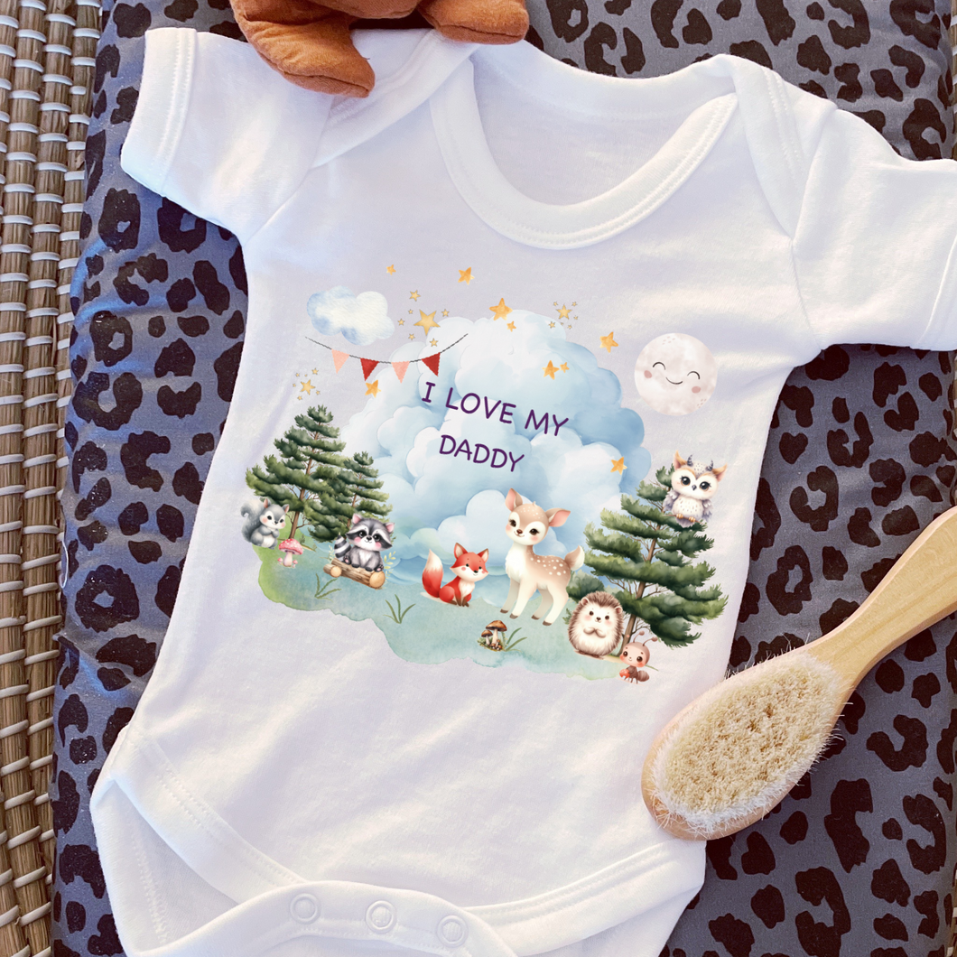 Personalised Baby Sleepsuit Baby Vest, I Love My Mummy Daddy Auntie, Woodland Animal Design, Baby Shower Gift