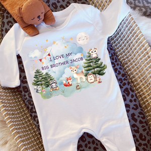 Personalised Baby Sleepsuit Baby Vest, I Love My Mummy Daddy Auntie, Woodland Animal Design, Baby Shower Gift