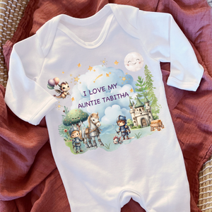 Personalised Baby Sleepsuit Baby Vest, I Love My Mummy Daddy Auntie, Knights and Dragons Design, Baby Shower Gift, Custom Fairytale Baby Outfit