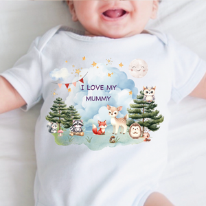 Personalised Baby Sleepsuit Baby Vest, I Love My Mummy Daddy Auntie, Woodland Animal Design, Baby Shower Gift
