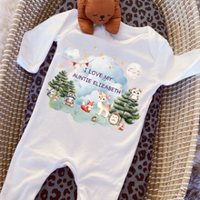 Load image into Gallery viewer, Personalised Baby Sleepsuit Baby Vest, I Love My Mummy Daddy Auntie, Woodland Animal Design, Baby Shower Gift
