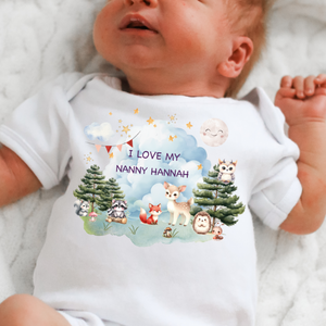 Personalised Baby Sleepsuit Baby Vest, I Love My Mummy Daddy Auntie, Woodland Animal Design, Baby Shower Gift