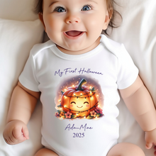 Load image into Gallery viewer, Personalised First Halloween Baby Vest My first Halloween Babygrow Pumpkin Baby&#39;s First Halloween Trick or Treat 1st Halloween Personalised Romper (Copy)
