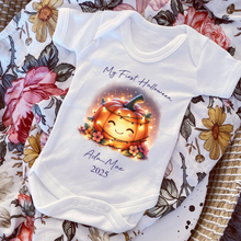 Load image into Gallery viewer, Personalised First Halloween Baby Vest My first Halloween Babygrow Pumpkin Baby&#39;s First Halloween Trick or Treat 1st Halloween Personalised Romper (Copy)
