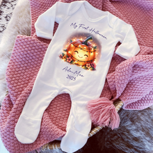 Load image into Gallery viewer, Personalised First Halloween Baby Vest My first Halloween Babygrow Pumpkin Baby&#39;s First Halloween Trick or Treat 1st Halloween Personalised Romper (Copy)
